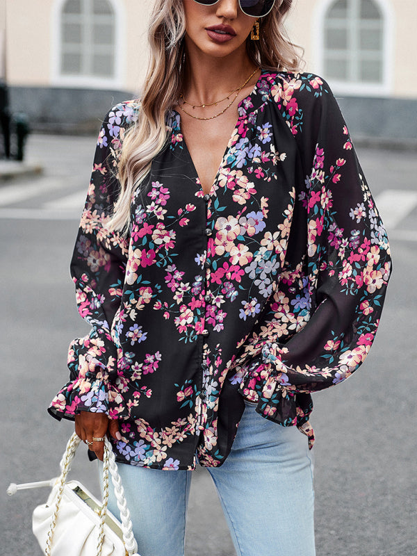 Women's Floral Button Down Blouse - Elegant Lantern Sleeve V Neck Top Blouses - Chuzko Women Clothing