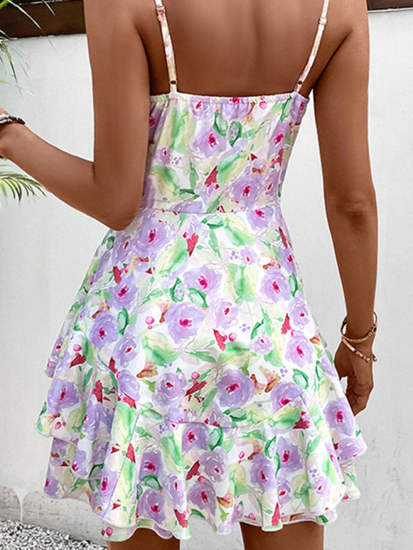 Women's Floral Ruffle Cami Mini Dress with Layers & Adjustable Straps Mini Dresses - Chuzko Women Clothing