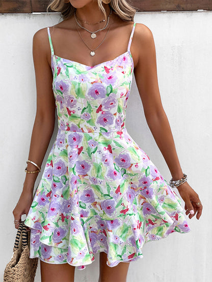 Women's Floral Ruffle Cami Mini Dress with Layers & Adjustable Straps Mini Dresses - Chuzko Women Clothing
