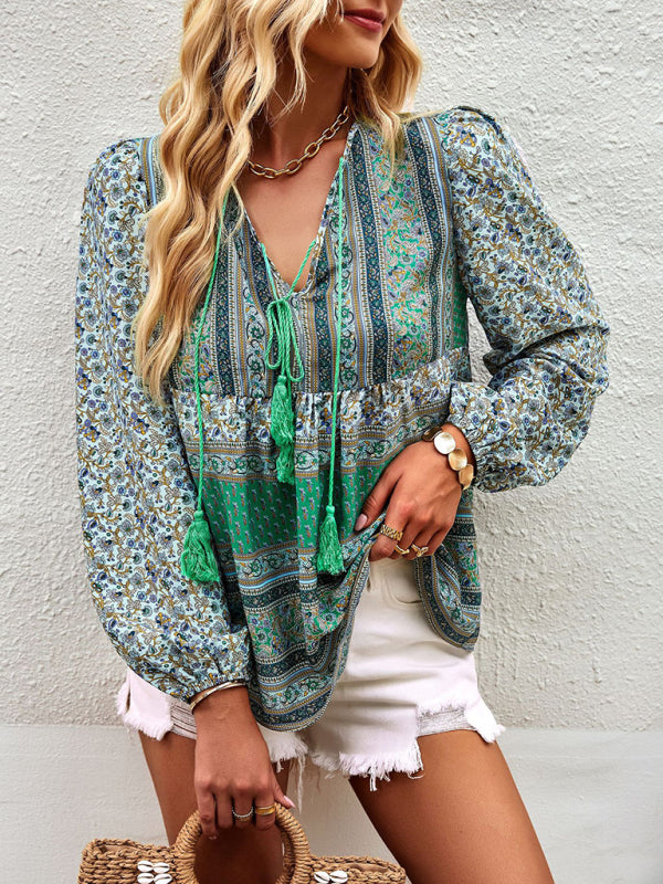 Women's Boho Floral Paisley V Neck Blouse: Lantern Sleeves, Tassel Tie Blouses - Chuzko Women Clothing