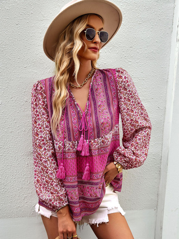 Women's Boho Floral Paisley V Neck Blouse: Lantern Sleeves, Tassel Tie Blouses - Chuzko Women Clothing