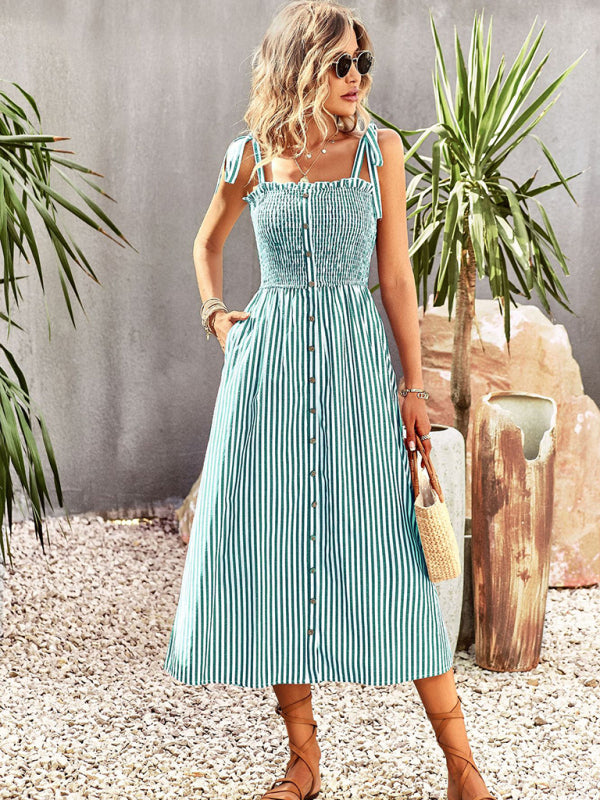 Striped Midi Dress With Buttons Front & Shoulder Tie Midi Dresses - Chuzko Women Clothing
