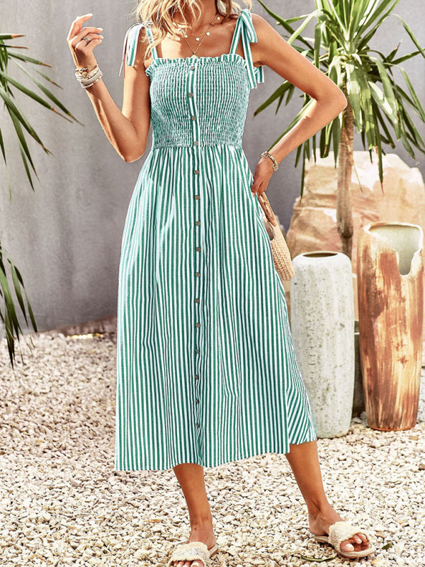 Striped Midi Dress With Buttons Front & Shoulder Tie Midi Dresses - Chuzko Women Clothing