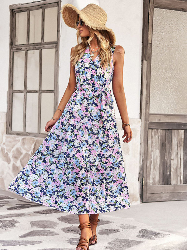 Women's Floral Tiered Belted Tank Midi Dress With Surplice V Neck Midi Dresses - Chuzko Women Clothing