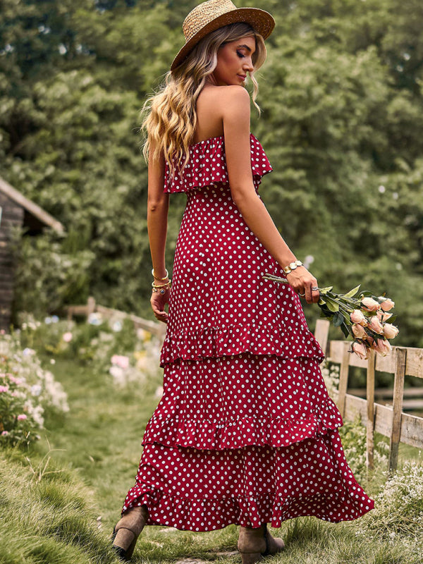 Women's Polka Dot Strapless Tiered Maxi Dress With Slit Leg Maxi Dresses - Chuzko Women Clothing
