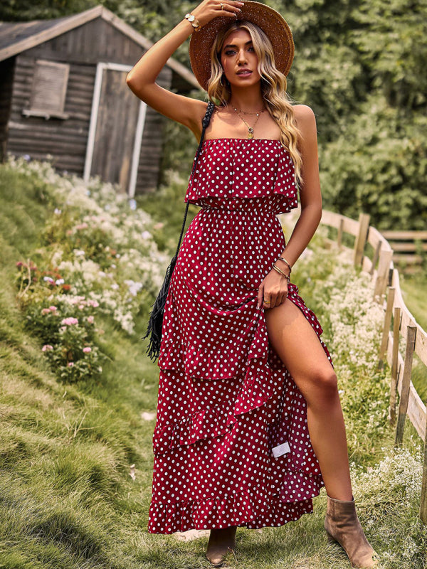 Women's Polka Dot Strapless Tiered Maxi Dress With Slit Leg Maxi Dresses - Chuzko Women Clothing
