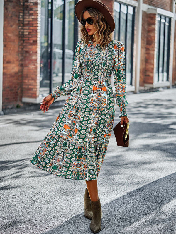 Women's Floral Tiered Midi Dress with Shirred Bodice & Long Sleeves Midi Dresses - Chuzko Women Clothing