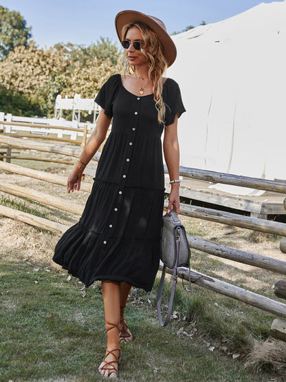 Women's Trendy Tiered Ruffle Button Down Midi Dress with Flare Sleeves Midi Dresses - Chuzko Women Clothing