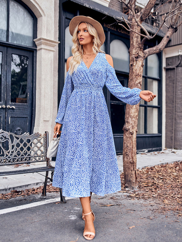Women's Floral Midi Dress With Cold Shoulders & Long Sleeves Midi Dresses - Chuzko Women Clothing