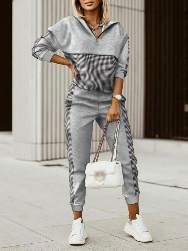 Comfy Plaid Set: Hooded Pullover + Pockets Pants - Active Style Active Set - Chuzko Women Clothing