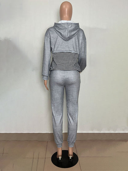 Comfy Plaid Set: Hooded Pullover + Pockets Pants - Active Style Active Set - Chuzko Women Clothing
