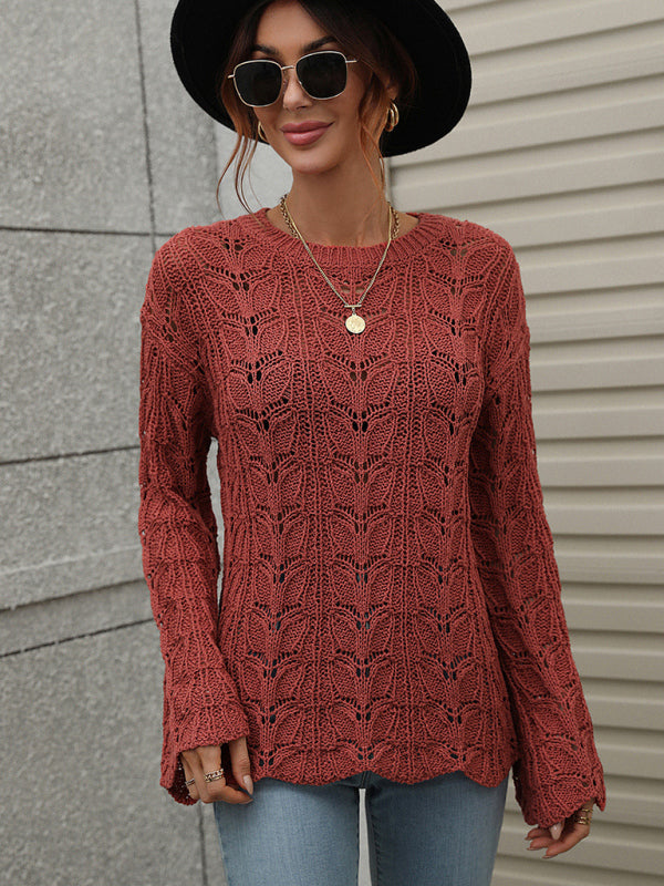 Open Crochet Bell Sleeve Sweater: Feminine Elegance, Fall/Winter Sweaters - Chuzko Women Clothing