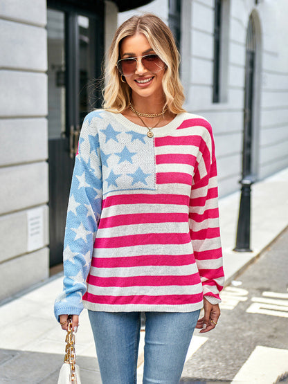 Patriotic Women's Sweater with American Flag Print & Ribbed Trims Sweaters - Chuzko Women Clothing