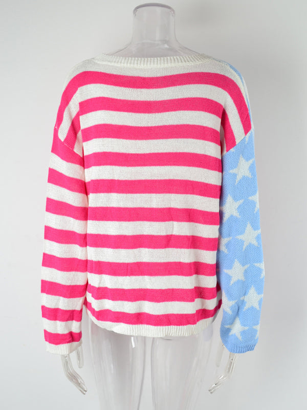 Patriotic Women's Sweater with American Flag Print & Ribbed Trims Sweaters - Chuzko Women Clothing