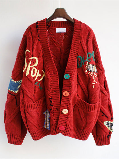 Knitted Chunky Sweater Cardigan: Patch Pockets, Artwork Accents Sweaters - Chuzko Women Clothing