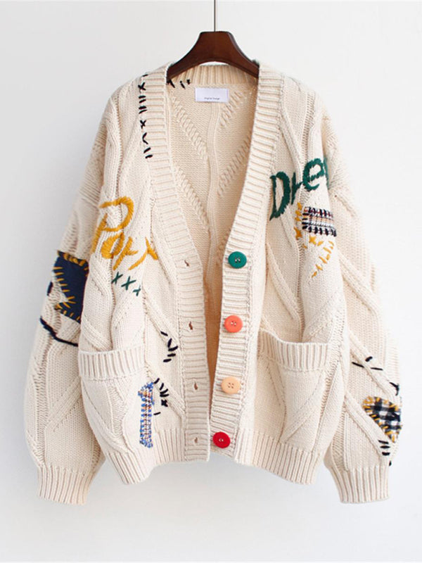 Knitted Chunky Sweater Cardigan: Patch Pockets, Artwork Accents Sweaters - Chuzko Women Clothing