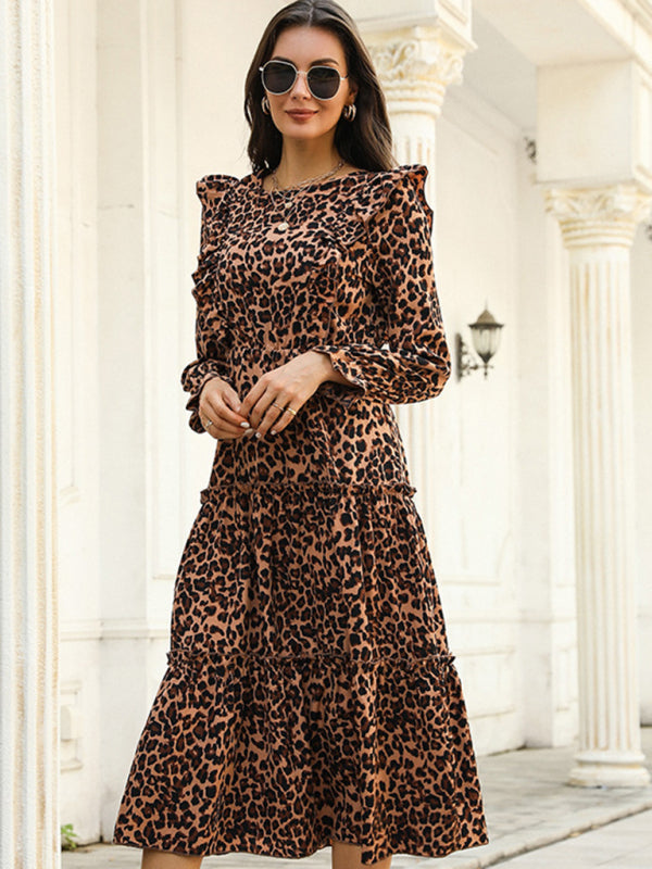 Women's Captivating Animal Print Midi Dress with Tiered Ruffle Skirt Midi Dresses - Chuzko Women Clothing