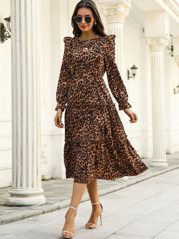 Women's Captivating Animal Print Midi Dress with Tiered Ruffle Skirt Midi Dresses - Chuzko Women Clothing