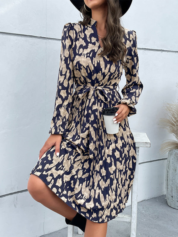 Chic and Flowy: Women's Long Sleeves Belted Pleated Midi Dress Midi Dresses - Chuzko Women Clothing