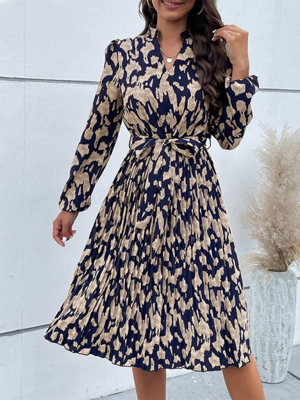 Chic and Flowy: Women's Long Sleeves Belted Pleated Midi Dress Midi Dresses - Chuzko Women Clothing