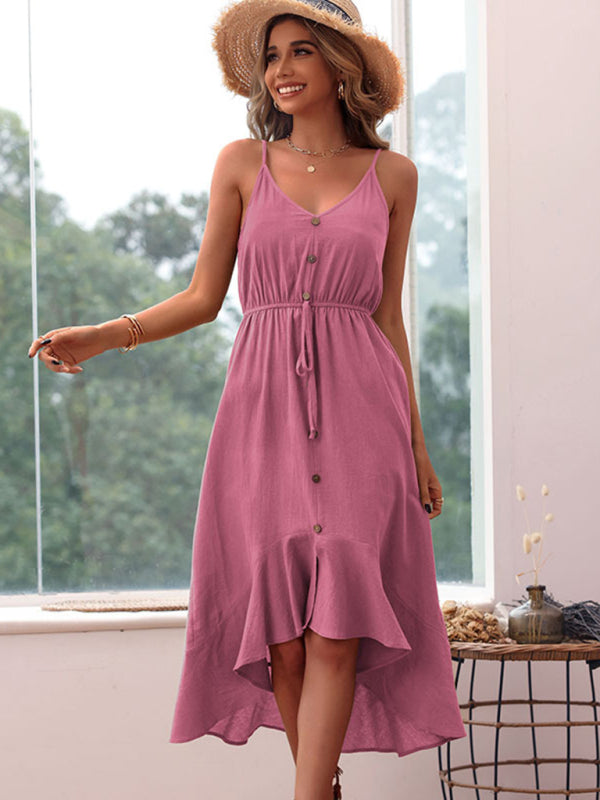 Solid Cotton V Neck High-Low Midi Dress with Adjustable Waist Midi Dresses - Chuzko Women Clothing