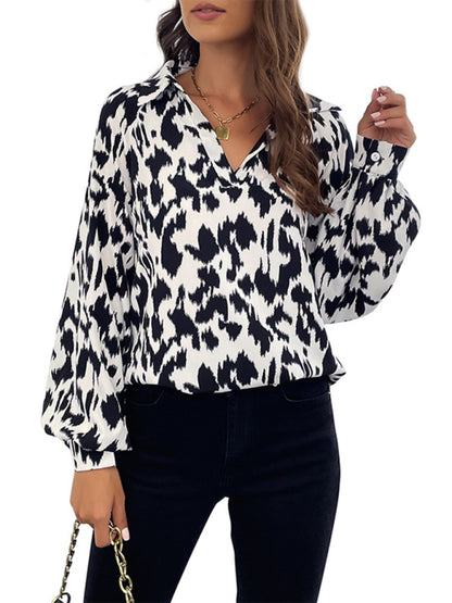 Abstract Elegance: Women's Lantern Sleeves Blouse - Collared Tunic Top Blouses - Chuzko Women Clothing