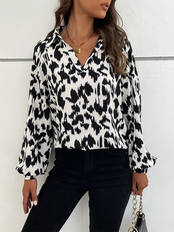 Abstract Elegance: Women's Lantern Sleeves Blouse - Collared Tunic Top Blouses - Chuzko Women Clothing