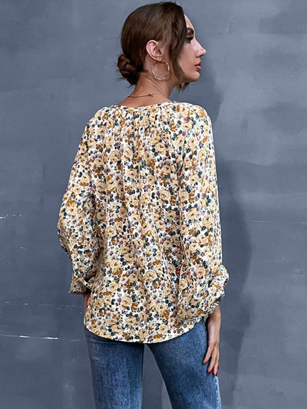 Floral Print Delight: Women's Lantern Sleeve Blouse - V Neck Tunic Top Blouses - Chuzko Women Clothing