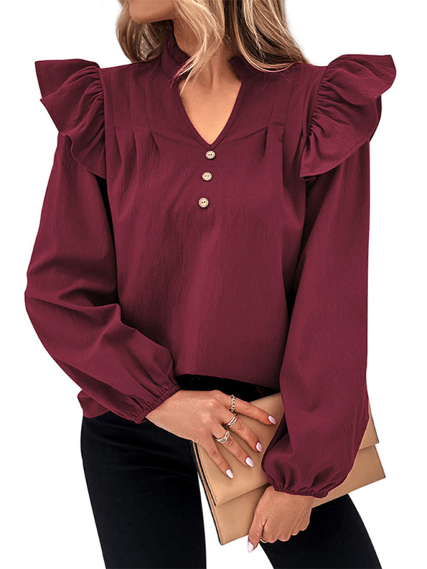 Women's Ruffle Long Sleeves Blouse with Buttons Decor & Ruffle Accents Tops - Chuzko Women Clothing