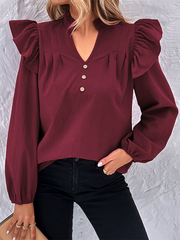 Women's Ruffle Long Sleeves Blouse with Buttons Decor & Ruffle Accents Tops - Chuzko Women Clothing
