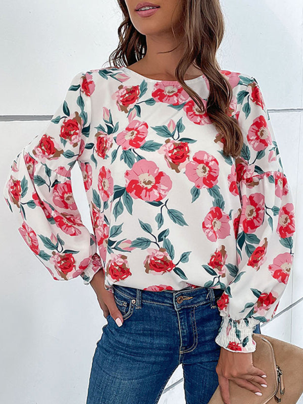 Floral Elegance: Lantern Long Sleeves Blouse - Round Neck Tunic Top Blouses - Chuzko Women Clothing