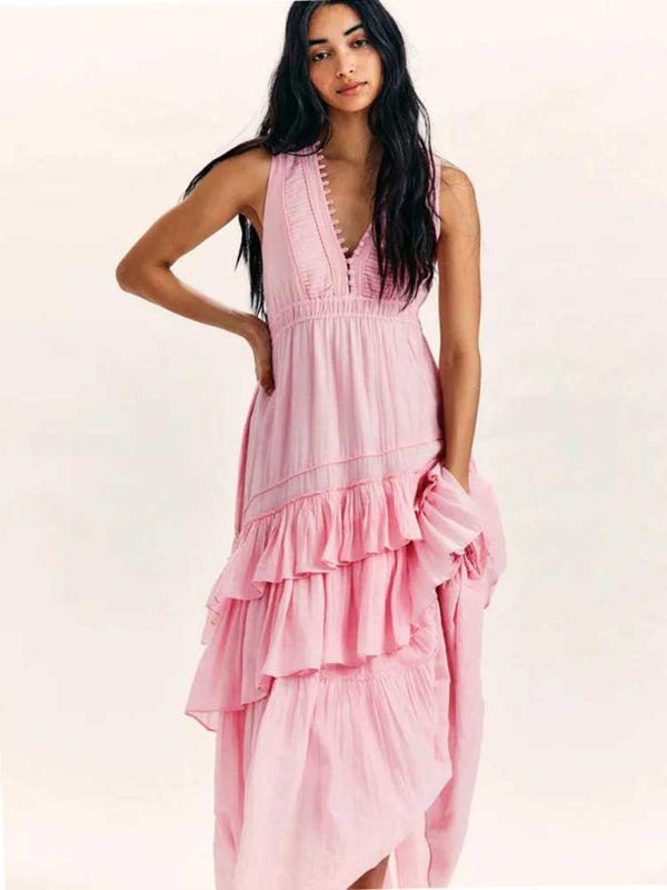 Textured Twinned Pintuck Asymmetrical Ruffle Maxi Dress with Maxi Dresses - Chuzko Women Clothing
