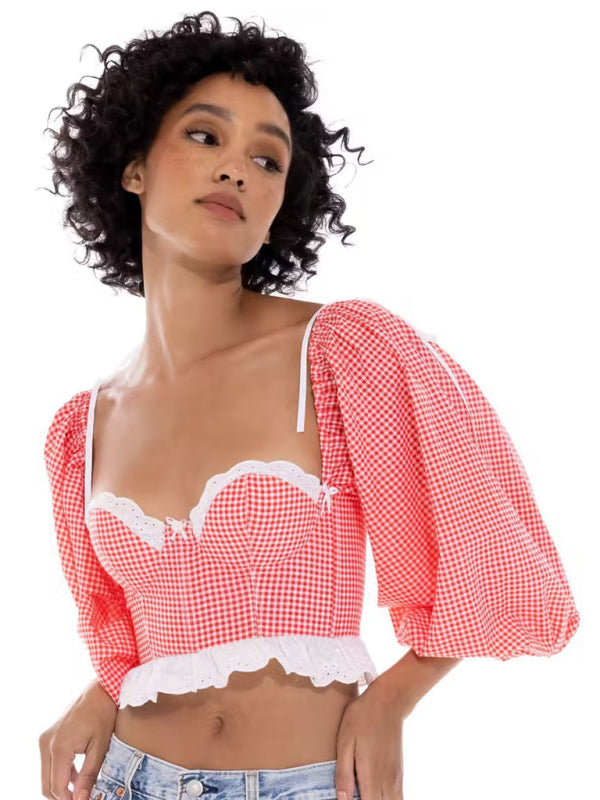 Country Girl Vibes: Plaid Corset Crop Blouse - Balloon Sleeves Top Blouses - Chuzko Women Clothing