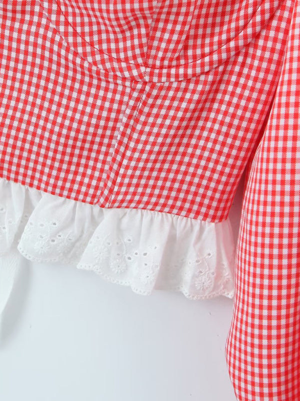 Country Girl Vibes: Plaid Corset Crop Blouse - Balloon Sleeves Top Blouses - Chuzko Women Clothing