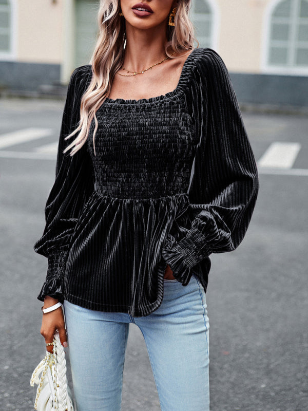 Velvet Blouse with Dramatic Lantern Sleeves, Smocked & Ruffle Cuffs Blouses - Chuzko Women Clothing