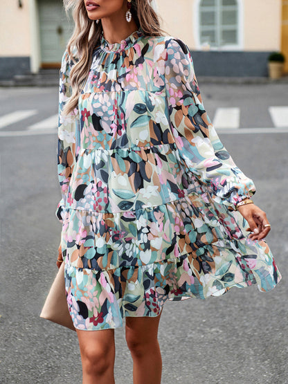 Elegant Women's Floral Tiered Dress with Long Lantern Sleeve Floral Dresses - Chuzko Women Clothing