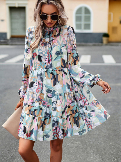 Elegant Women's Floral Tiered Dress with Long Lantern Sleeve Floral Dresses - Chuzko Women Clothing