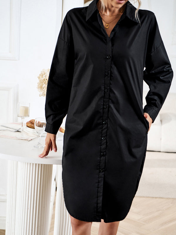 All-Occasion Cotton Fancy Shirt Midi Dress with Pockets - Without Belt Midi Dresses - Chuzko Women Clothing