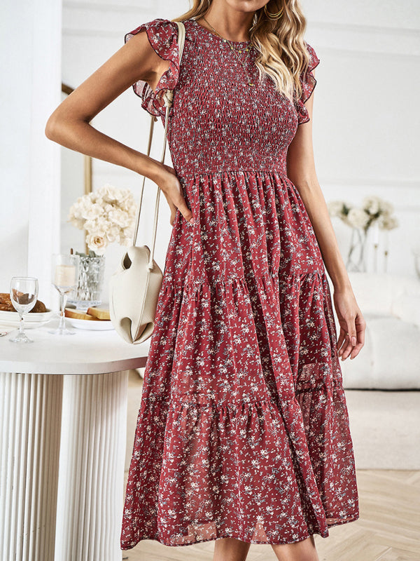 Autumn Floral Tiered Ruffle Dress with Adjustable Fit, Keyhole Back Floral Dresses - Chuzko Women Clothing