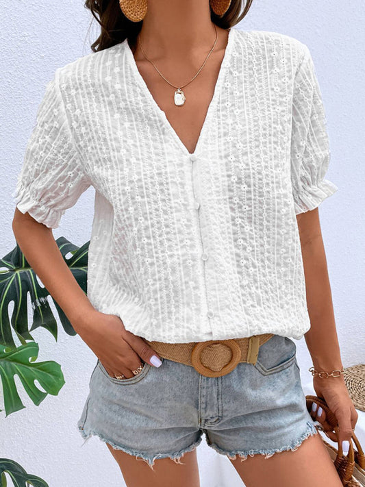 Elegant Women's Cotton Puff Sleeves Shirt - Delicate Embroidery Top Tops - Chuzko Women Clothing
