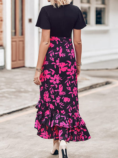 Elegant Floral Wrap Dress with Asymmetrical High-Low, Ruffle Trim Dresses - Chuzko Women Clothing