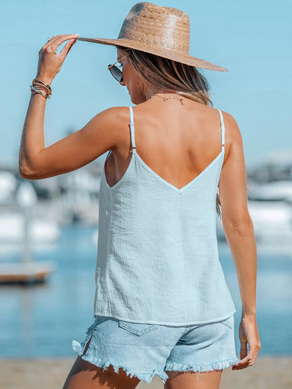 Chic Button Front Cami - Textured Tank Top with Adjustable Straps Tank Tops - Chuzko Women Clothing