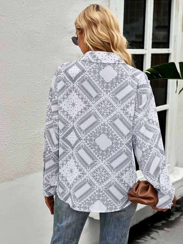 Geometric Bandana Print Shirt - Button Down Long Sleeve Top Shirts - Chuzko Women Clothing