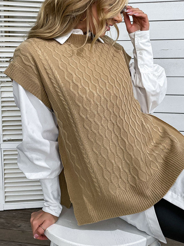 Solid Cable Knit Short Sleeve Vest Sweater Vest - Chuzko Women Clothing
