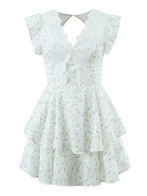 Women's Floral Double Tiered Mini Dress with Embroidery Accents Mini Dresses - Chuzko Women Clothing