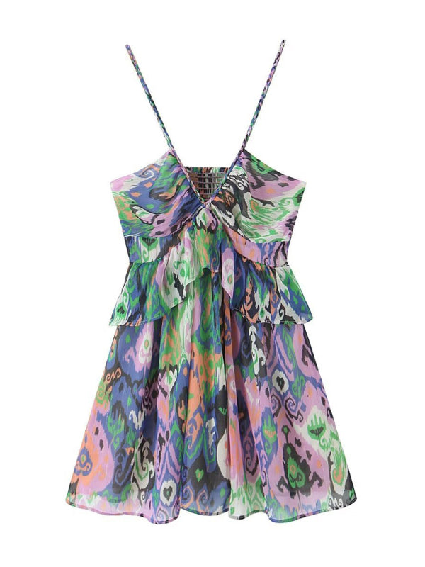 Women's Print Mini Dress with Ruffled Waist & Lingerie Style! Mini Dresses - Chuzko Women Clothing