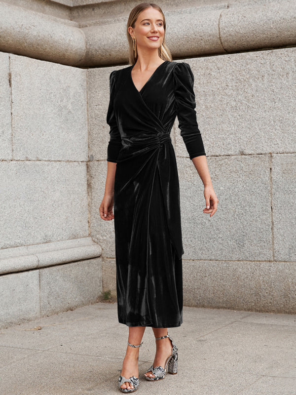 Fall/Winter Elegant: Robe Velvet Midi Dress, Perfect for Any Event Velvet Dresses - Chuzko Women Clothing