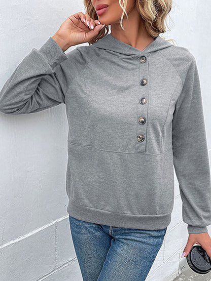 Asymmetrical Button-Down Hoodie - Hooded Top Hoodies - Chuzko Women Clothing
