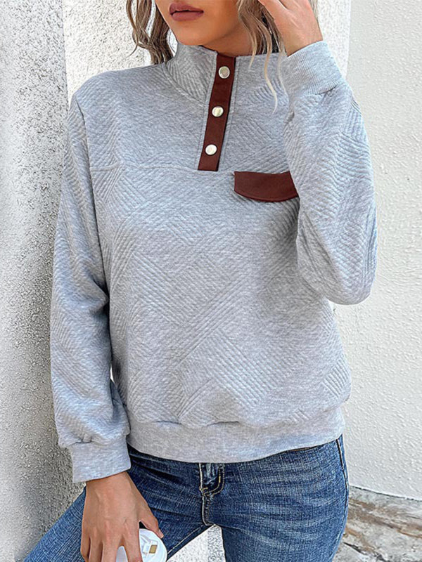 Chevron Raglan Sleeve Sweatshirt - T-shirt with High Neck, Faux Pocket Sweatshirts - Chuzko Women Clothing