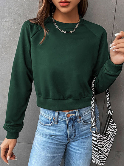 Crop Pullover - Round Neck, Long Sleeve Sweatshirt Sweatshirts - Chuzko Women Clothing